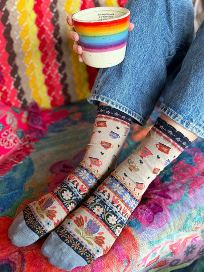 Boxed Boho Sock Set, Set of 3 - Purple Coffee Cups