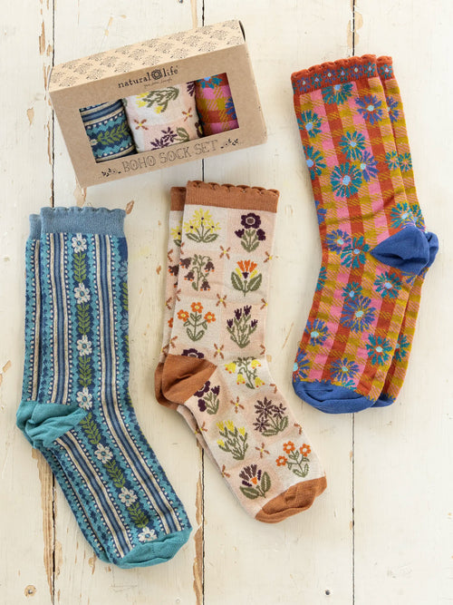 Boxed Boho Sock Set, Set of 3 - Cream Folk Floral