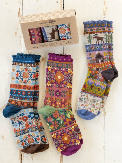 Boxed Boho Sock Set, Set of 3 - Maroon Moose