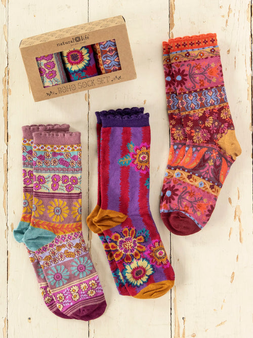 Boxed Boho Sock Set, Set of 3 - Striped Floral